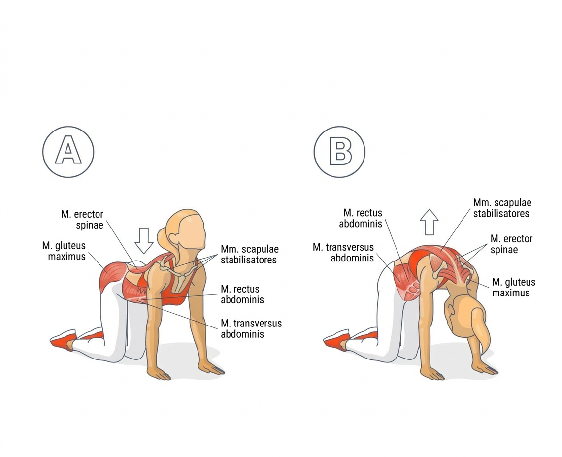 Cat–Cow egzersizinde kas aktivasyonu ve omurga hareket fazlarını gösteren diyagram