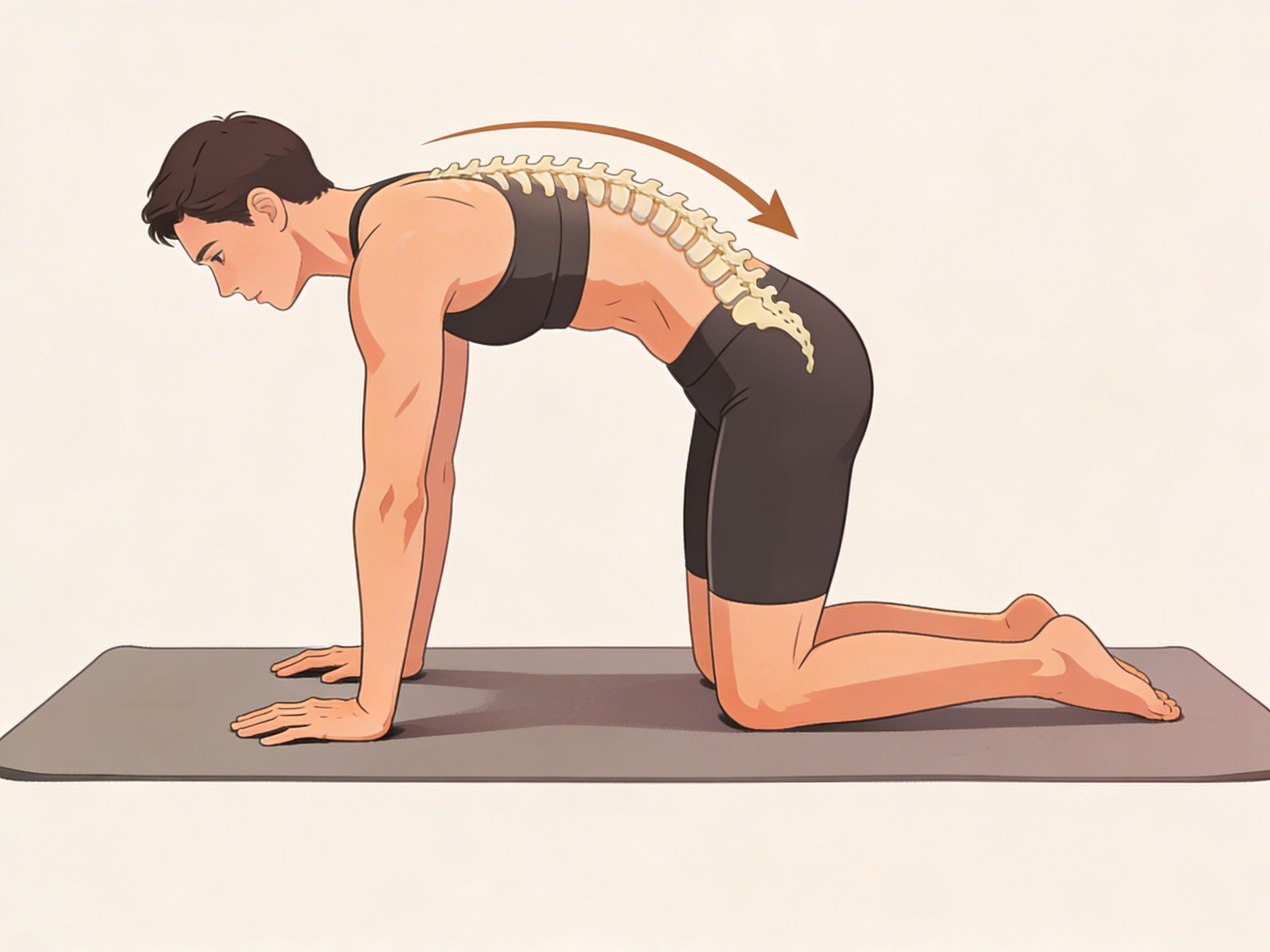 Cat–Cow egzersizinde fleksiyon (Cat) fazı – omurganın kontrollü yuvarlanma örneği
