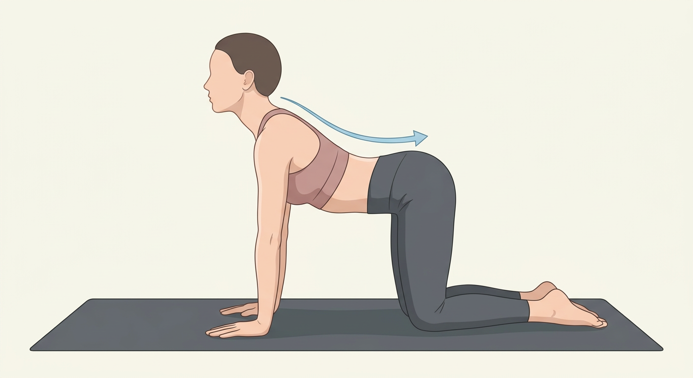 Cat–Cow egzersizinde Cow (ekstansiyon) fazı – doğru omurga hizalaması ve kontrollü hareket örneği